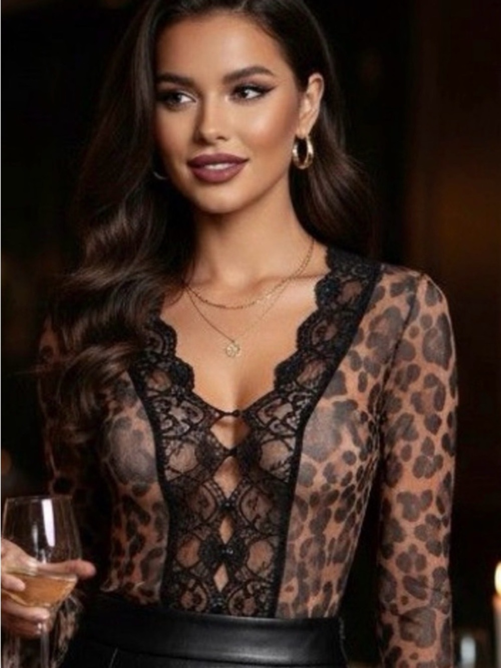 Commense Leopard Print Lace Trim Button-Down Shirt in Brown and Black